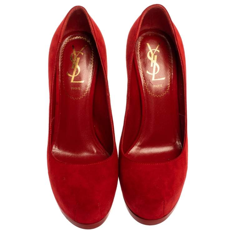 Pre Owned Saint Laurent Paris Red Suede Leather Tribtoo Platform Pumps Size 35