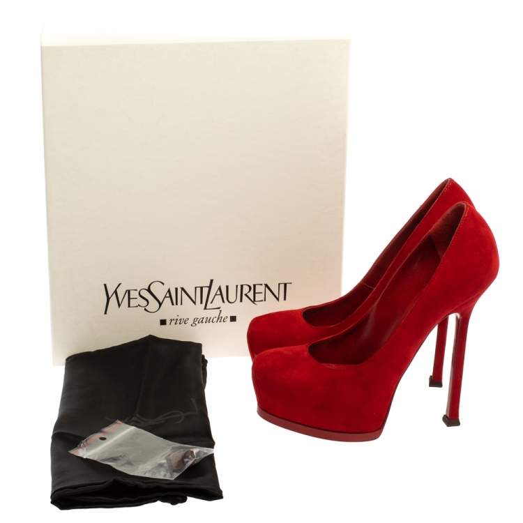 Pre Owned Saint Laurent Paris Red Suede Leather Tribtoo Platform Pumps Size 35