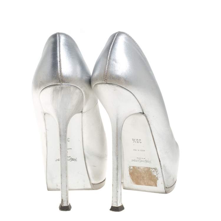 Pre Owned Saint Laurent Silver Leather Tribtoo Platform Pumps Size 35.5