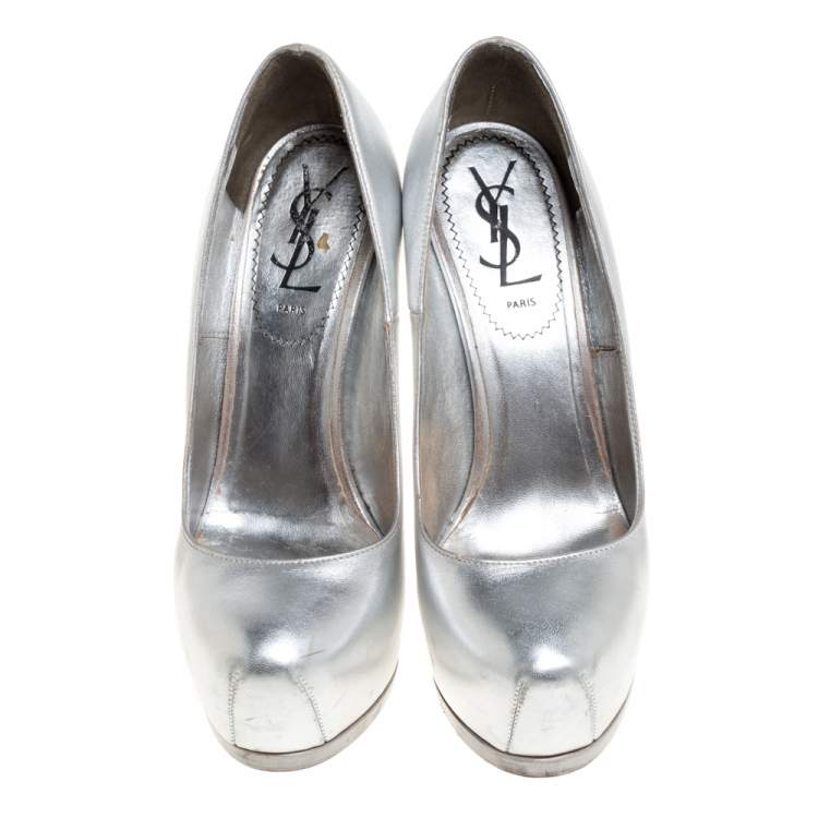 Pre Owned Saint Laurent Silver Leather Tribtoo Platform Pumps Size 35.5