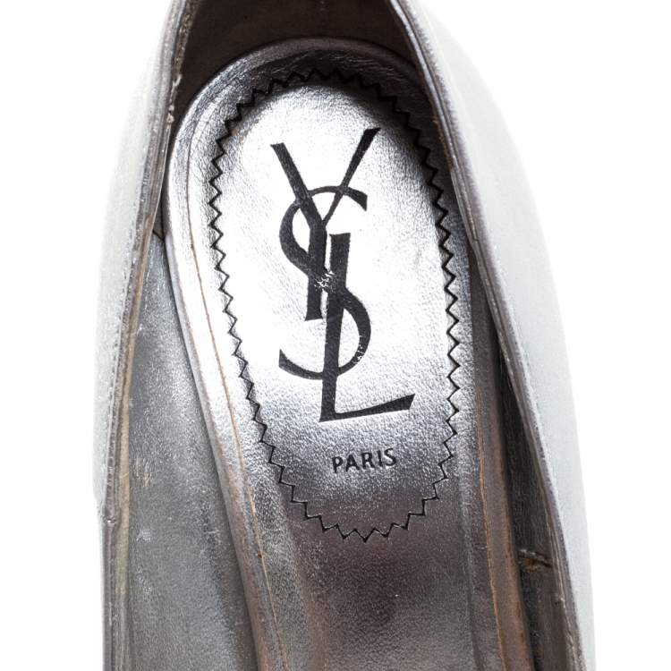 Pre Owned Saint Laurent Silver Leather Tribtoo Platform Pumps Size 35.5