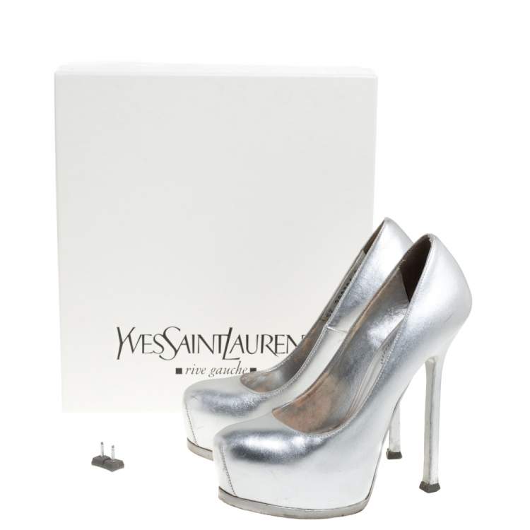 Pre Owned Saint Laurent Silver Leather Tribtoo Platform Pumps Size 35.5