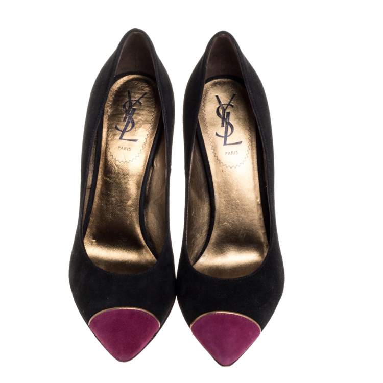 Pre Owned Saint Laurent Paris Black/Purple Suede Leather Pointed Toe Pumps Size 37.5