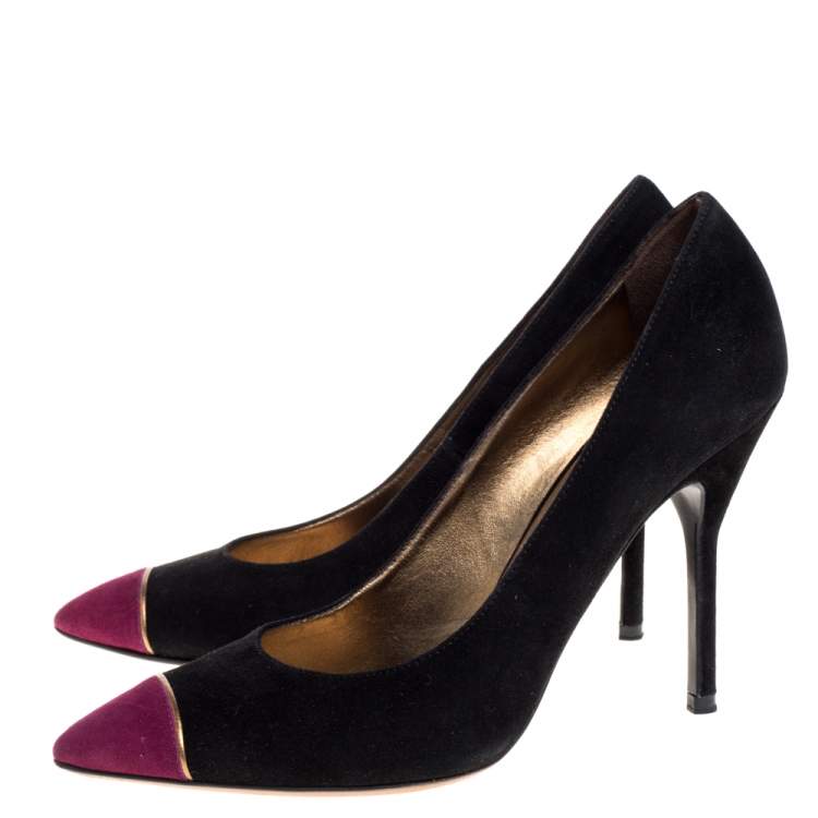 Pre Owned Saint Laurent Paris Black/Purple Suede Leather Pointed Toe Pumps Size 37.5
