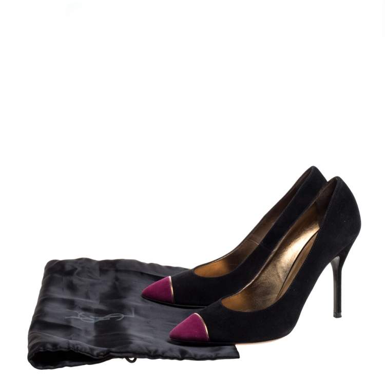 Pre Owned Saint Laurent Paris Black/Purple Suede Leather Pointed Toe Pumps Size 37.5