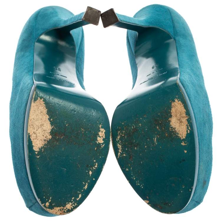 Pre Owned Saint Laurent Paris Blue Suede Tribtoo Platform Pumps Size 35