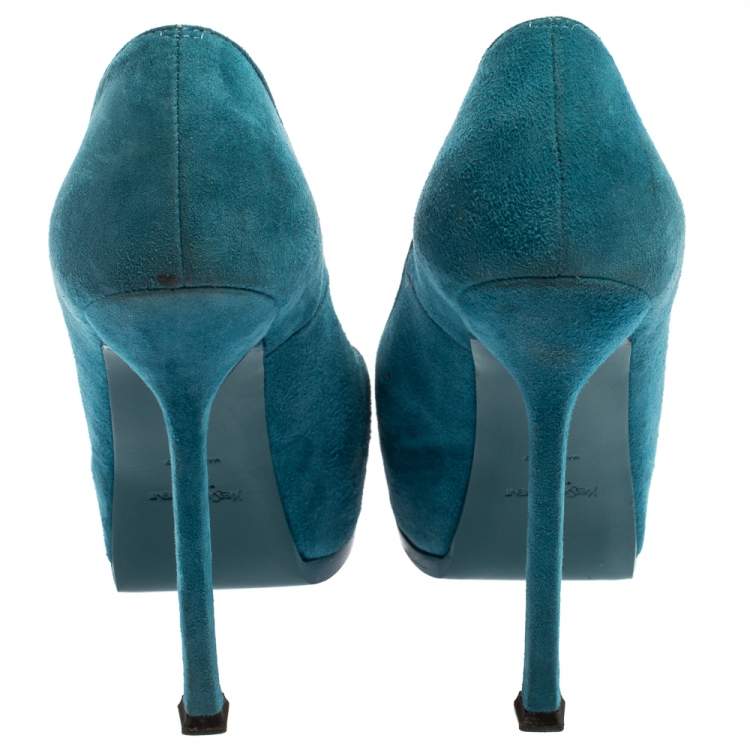 Pre Owned Saint Laurent Paris Blue Suede Tribtoo Platform Pumps Size 35