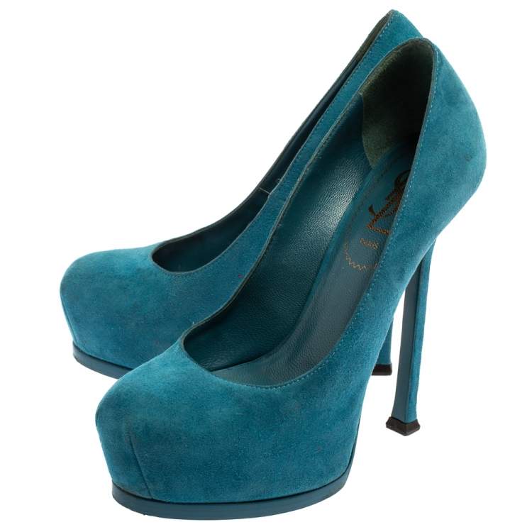Pre Owned Saint Laurent Paris Blue Suede Tribtoo Platform Pumps Size 35