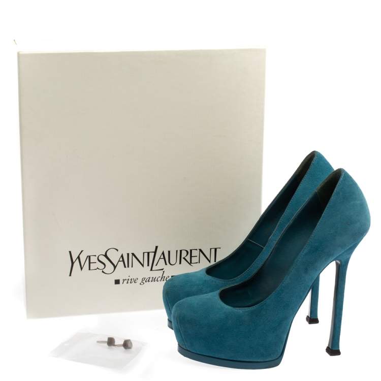 Pre Owned Saint Laurent Paris Blue Suede Tribtoo Platform Pumps Size 35