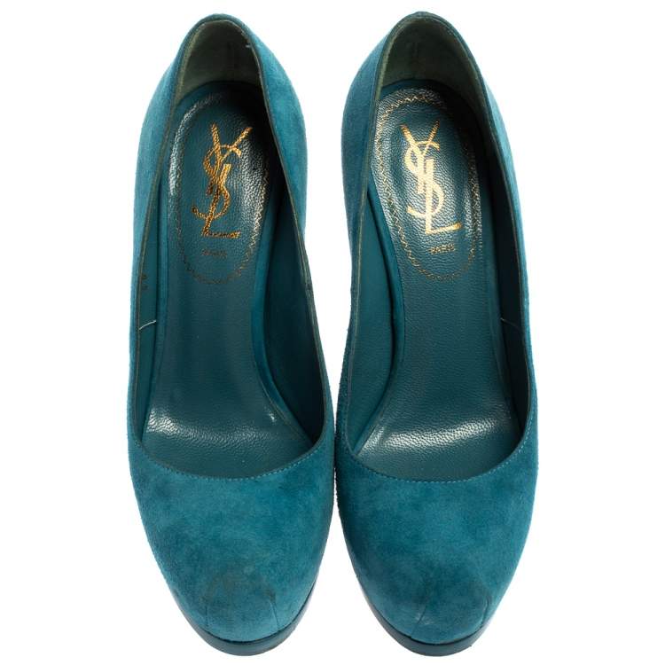 Pre Owned Saint Laurent Paris Blue Suede Tribtoo Platform Pumps Size 35