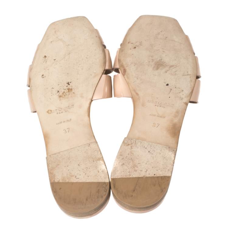 Pre Owned Saint Laurent Paris Beige Patent Leather Tribute Flats 37