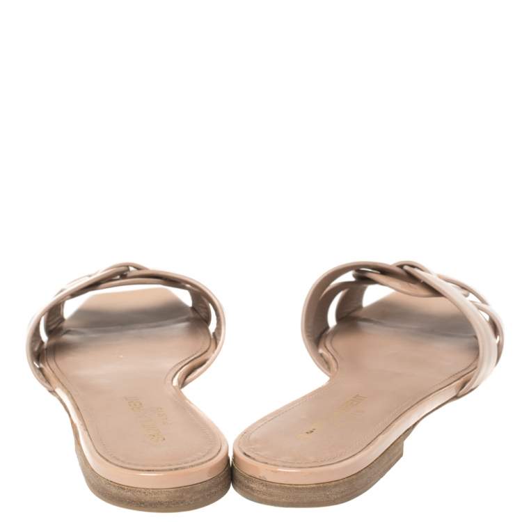 Pre Owned Saint Laurent Paris Beige Patent Leather Tribute Flats 37