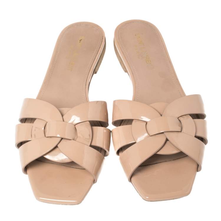 Pre Owned Saint Laurent Paris Beige Patent Leather Tribute Flats 37
