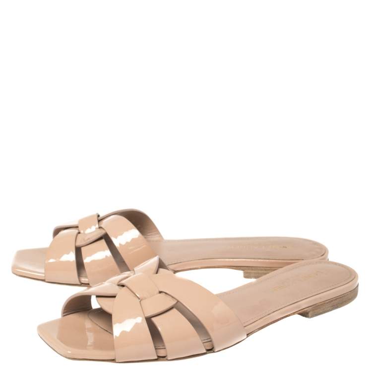 Pre Owned Saint Laurent Paris Beige Patent Leather Tribute Flats 37