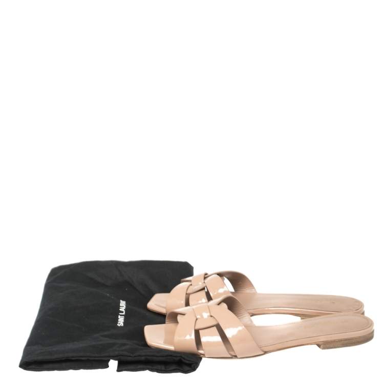 Pre Owned Saint Laurent Paris Beige Patent Leather Tribute Flats 37