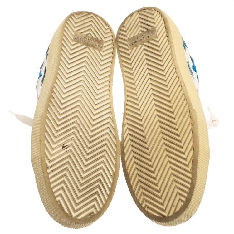 Pre Owned Saint Laurent White/Blue Leather And Glitter Court Classic California Sneakers Size 36
