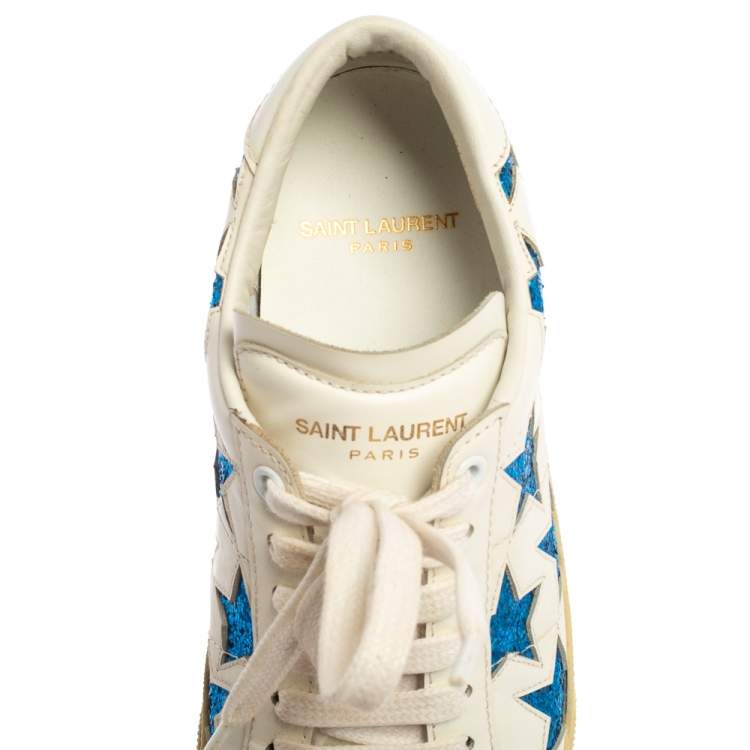 Pre Owned Saint Laurent White/Blue Leather And Glitter Court Classic California Sneakers Size 36