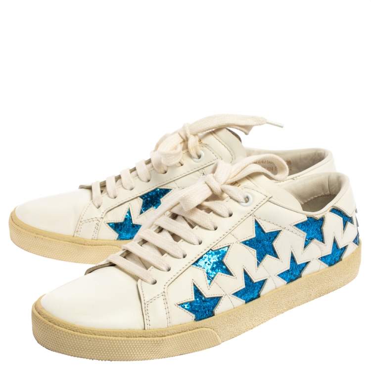 Pre Owned Saint Laurent White/Blue Leather And Glitter Court Classic California Sneakers Size 36