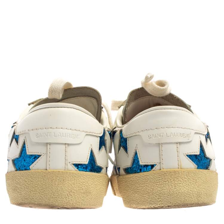 Pre Owned Saint Laurent White/Blue Leather And Glitter Court Classic California Sneakers Size 36