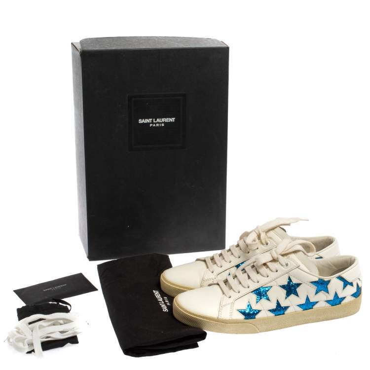Pre Owned Saint Laurent White/Blue Leather And Glitter Court Classic California Sneakers Size 36