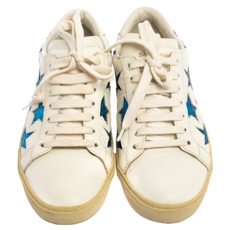 Pre Owned Saint Laurent White/Blue Leather And Glitter Court Classic California Sneakers Size 36