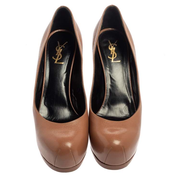 Pre Owned Saint Laurent Brown Leather Tribtoo Platform Pumps Size 40