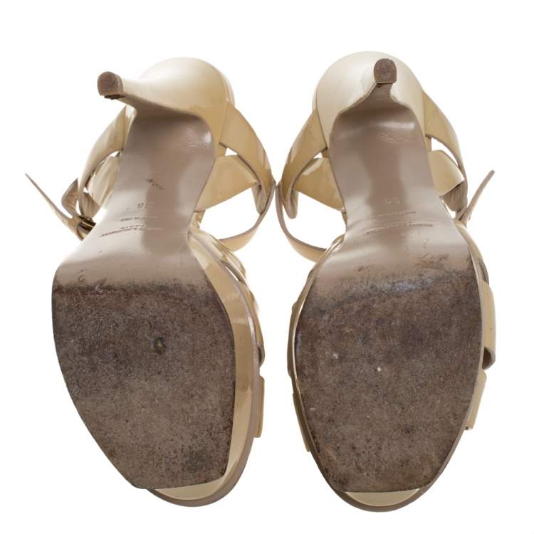 Pre Owned Saint Laurent Paris Beige Patent Leather Tribute Platform Sandals Size 36