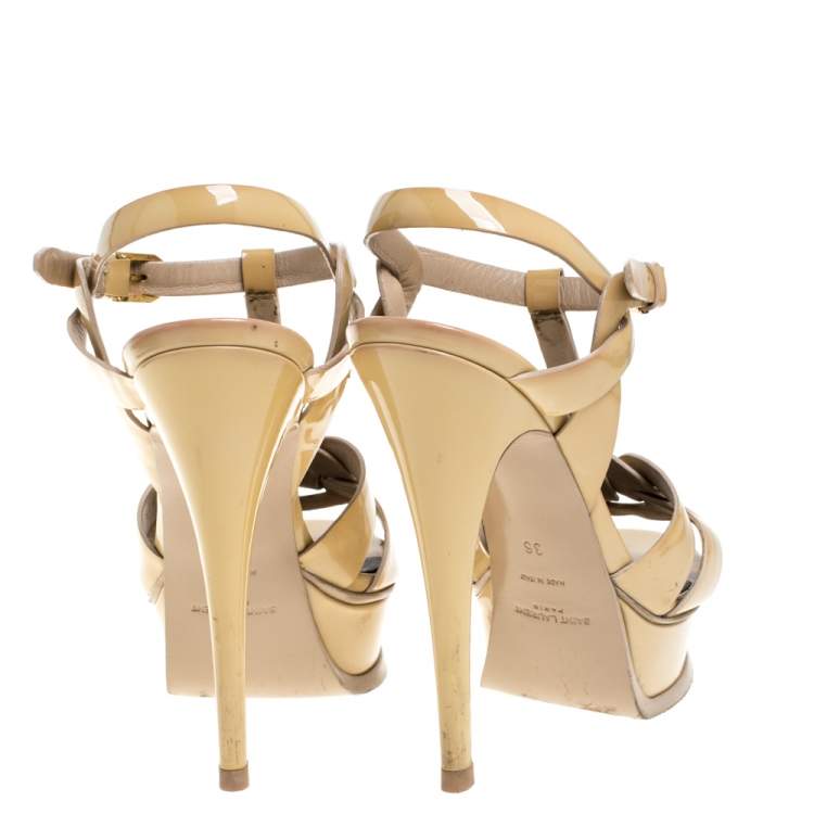 Pre Owned Saint Laurent Paris Beige Patent Leather Tribute Platform Sandals Size 36