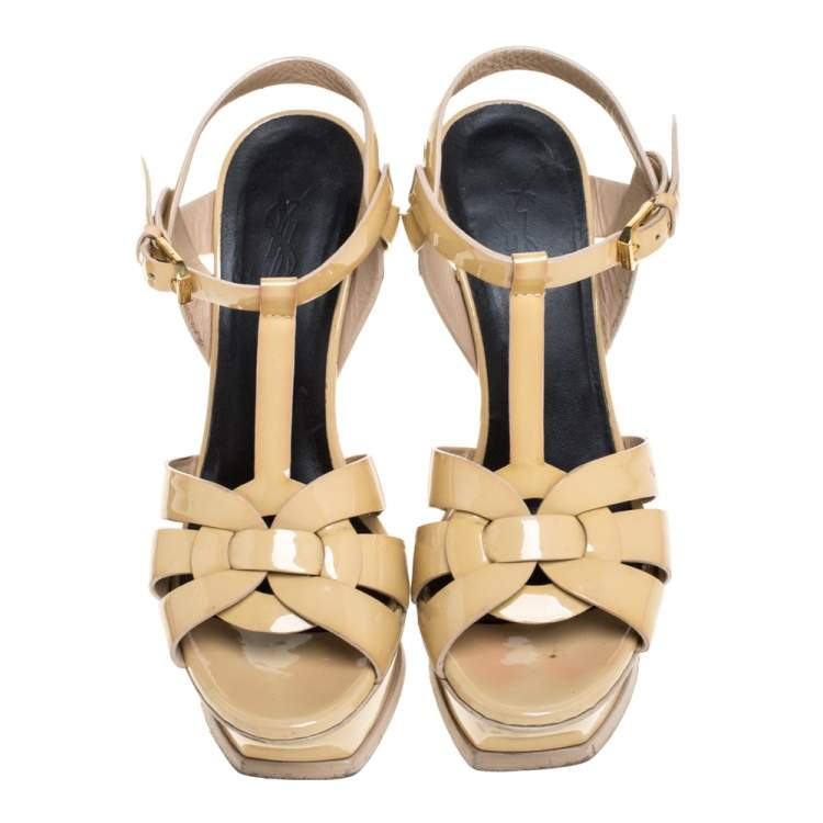Pre Owned Saint Laurent Paris Beige Patent Leather Tribute Platform Sandals Size 36