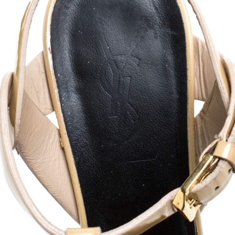 Pre Owned Saint Laurent Paris Beige Patent Leather Tribute Platform Sandals Size 36