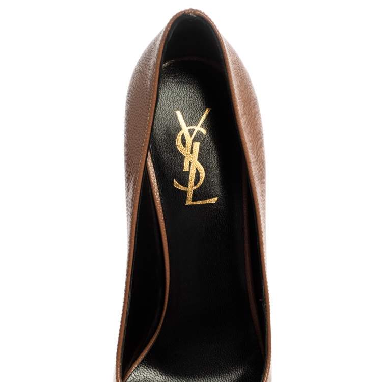 Pre Owned Saint Laurent Brown Leather Tribtoo Platform Pumps Size 37