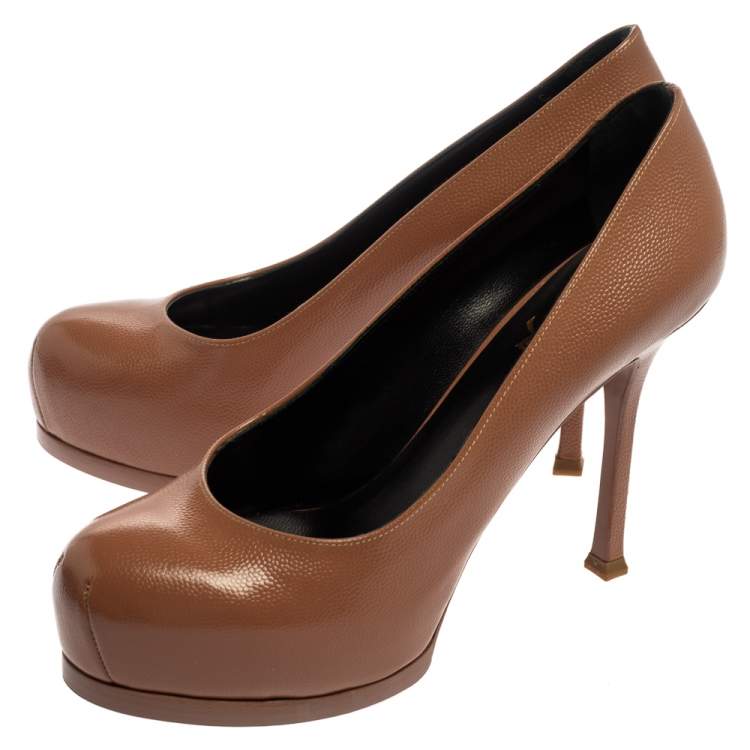 Pre Owned Saint Laurent Brown Leather Tribtoo Platform Pumps Size 37