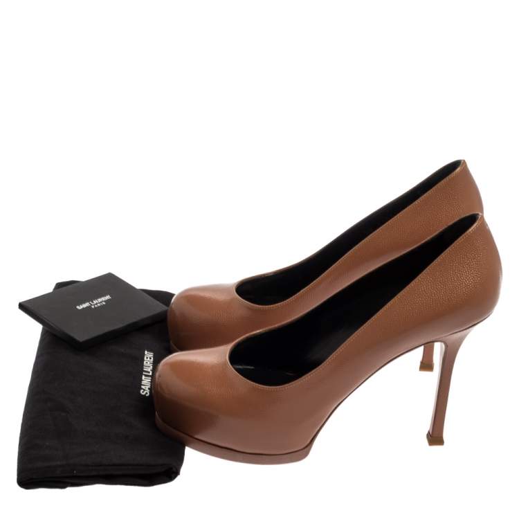 Pre Owned Saint Laurent Brown Leather Tribtoo Platform Pumps Size 37