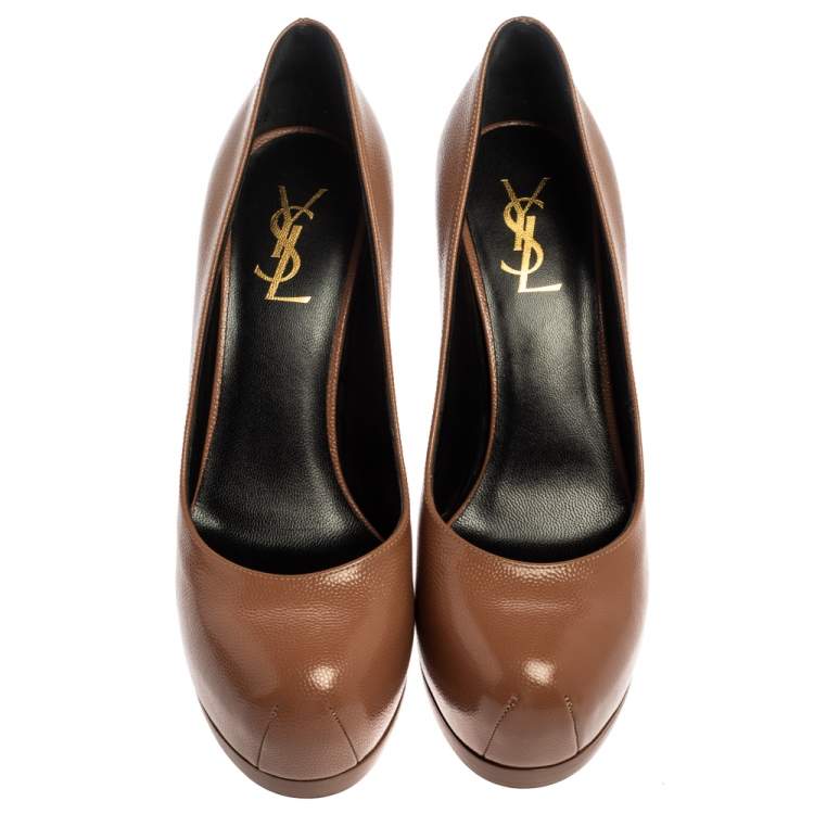 Pre Owned Saint Laurent Brown Leather Tribtoo Platform Pumps Size 37
