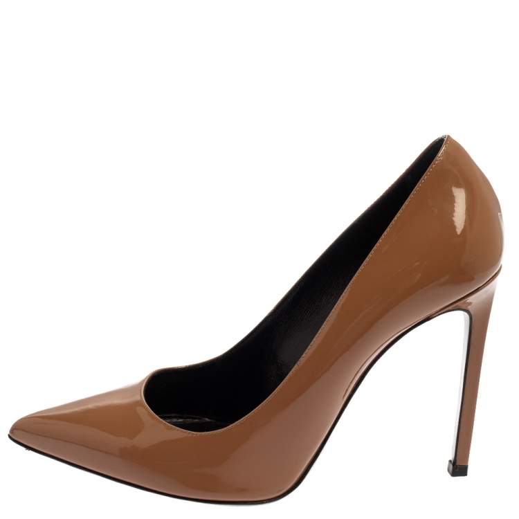 Pre Owned Saint Laurent Brown Patent Leather Anja Pointed Toe Pumps Size 38.5