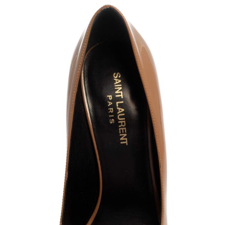 Pre Owned Saint Laurent Brown Patent Leather Anja Pointed Toe Pumps Size 38.5