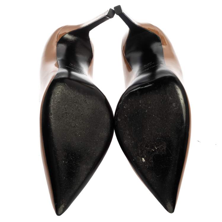 Pre Owned Saint Laurent Brown Patent Leather Anja Pointed Toe Pumps Size 38.5