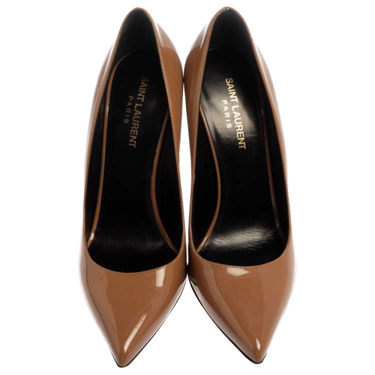 Pre Owned Saint Laurent Brown Patent Leather Anja Pointed Toe Pumps Size 38.5