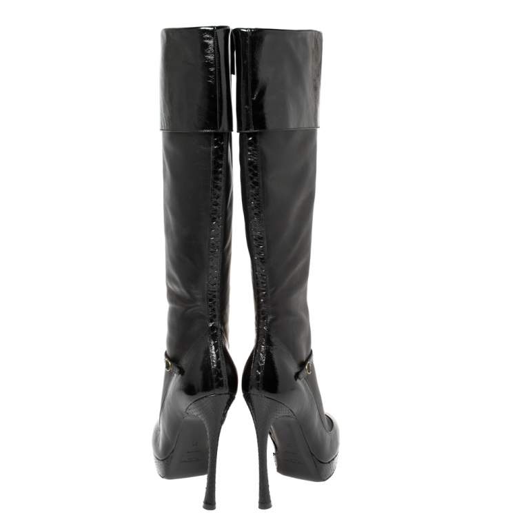 مملوكة مسبقًا Saint Laurent Black Python, Patent And Leather Knee Length Boots Size 37