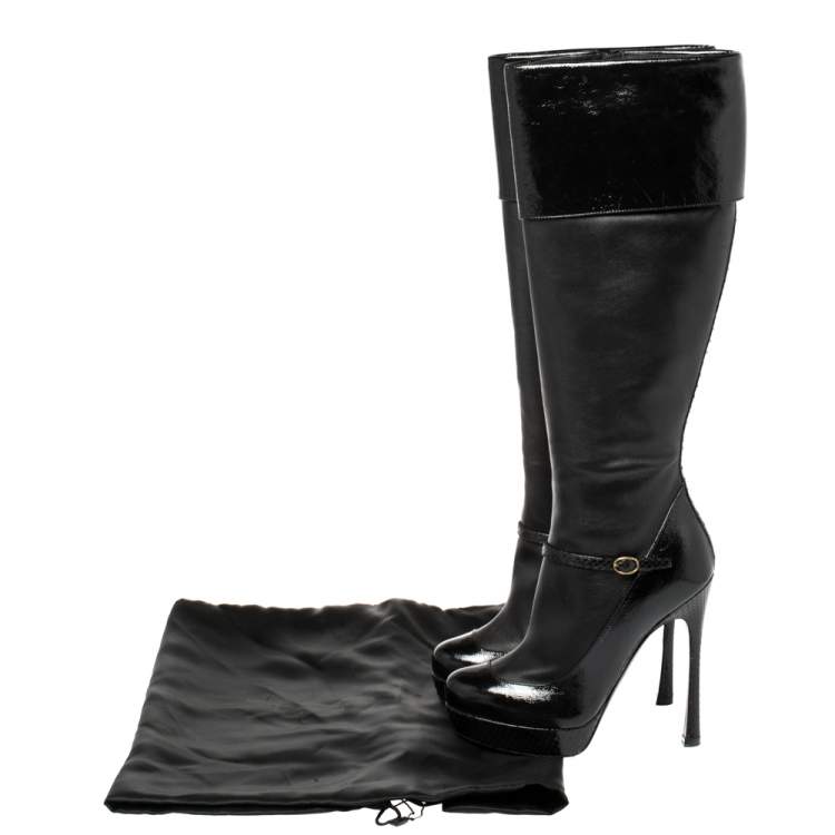 مملوكة مسبقًا Saint Laurent Black Python, Patent And Leather Knee Length Boots Size 37
