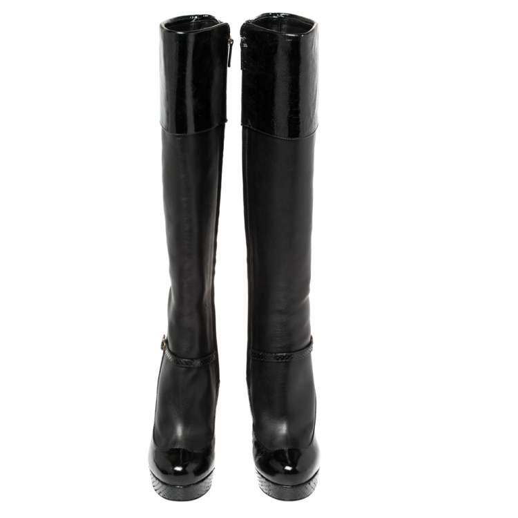 مملوكة مسبقًا Saint Laurent Black Python, Patent And Leather Knee Length Boots Size 37