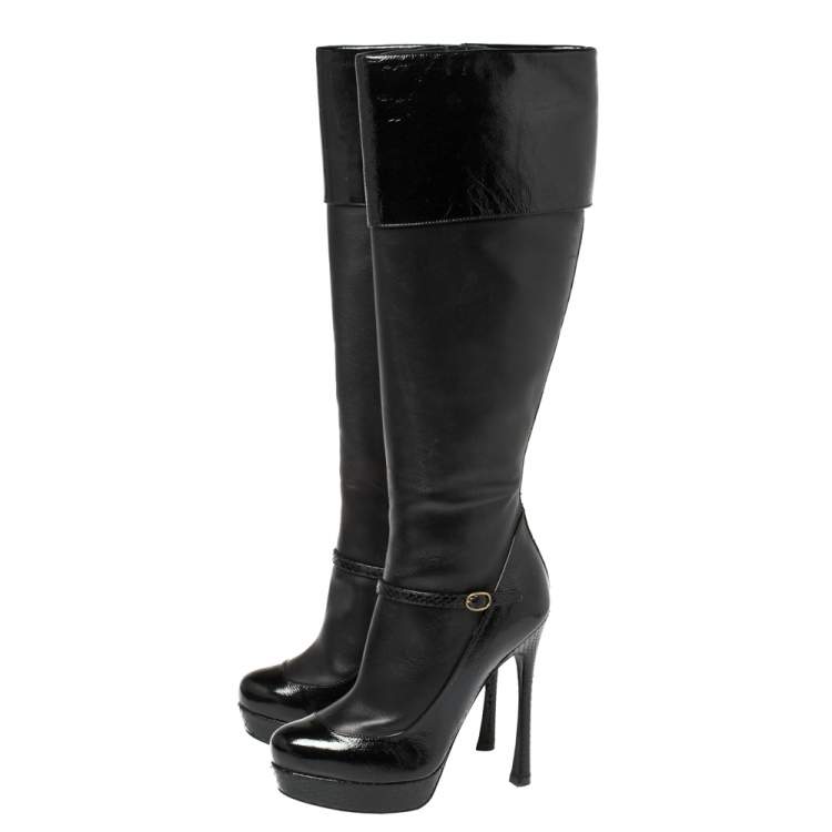مملوكة مسبقًا Saint Laurent Black Python, Patent And Leather Knee Length Boots Size 37