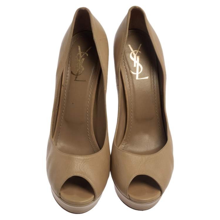Pre Owned Saint Laurent Paris Beige Leather Peep Toe Platform Pumps Size 40