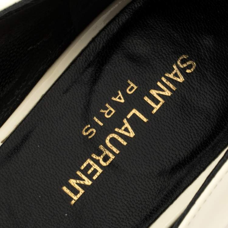 Pre Owned Saint Laurent White/Black Brogue Patent Leather Paris Pointed Toe Flats Size 40.5