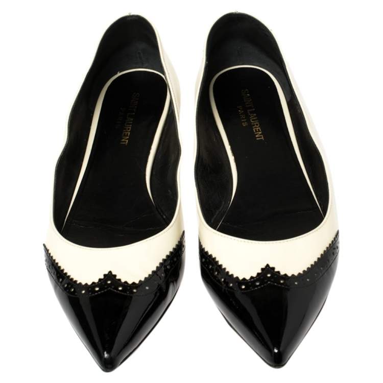 Pre Owned Saint Laurent White/Black Brogue Patent Leather Paris Pointed Toe Flats Size 40.5