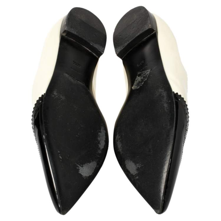 Pre Owned Saint Laurent White/Black Brogue Patent Leather Paris Pointed Toe Flats Size 40.5