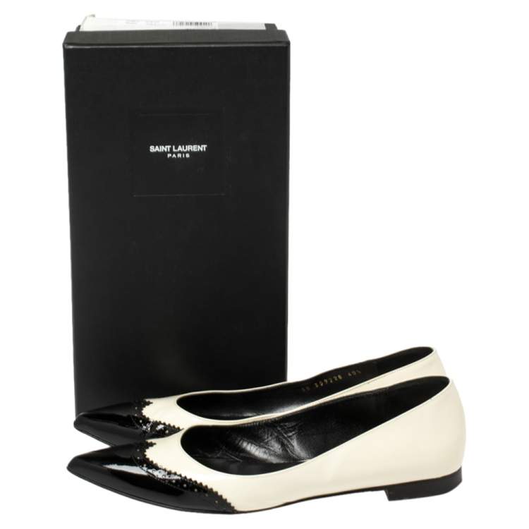 Pre Owned Saint Laurent White/Black Brogue Patent Leather Paris Pointed Toe Flats Size 40.5