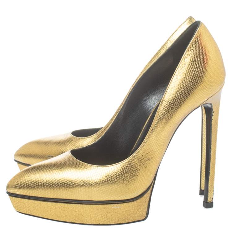 Pre Owned Saint Laurent Paris Metallic Gold Leather Janis Pointed Toe Platform Pumps Size 38