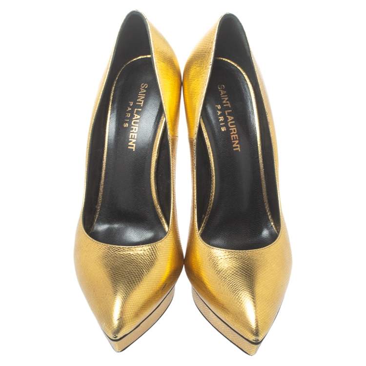Pre Owned Saint Laurent Paris Metallic Gold Leather Janis Pointed Toe Platform Pumps Size 38