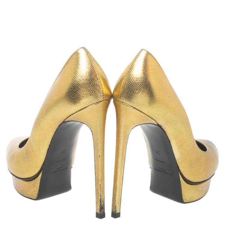 Pre Owned Saint Laurent Paris Metallic Gold Leather Janis Pointed Toe Platform Pumps Size 38